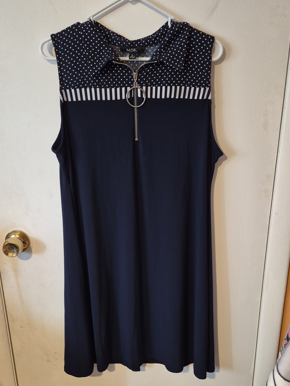 MSK Navy Sleeveless Midi Dress with Polka Dot Yoke and Ring Zip